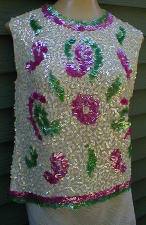 White Pink Green Sequined Top